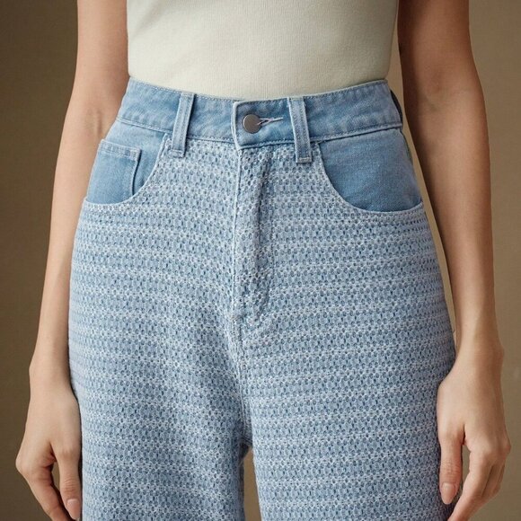 Blue Casual Women's Jacquard Weave Wide Leg Loose Fit Jeans - Picture 3 of 7